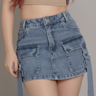 Short Saia StreetWear Cargo Cintura Alta Jeans Feminino