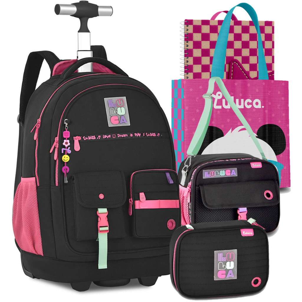 Kit Mochila Luluca Escolar Lancheira Estojo Carrinho Rodinha Lançamento Escolar Reforçada Resistente