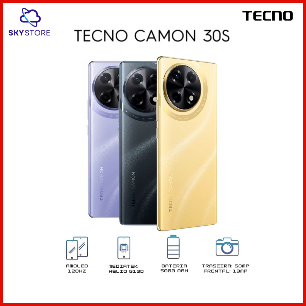 Tecno Camon 30S 4G 256GB/8GB RAM, Câmera de 50MP, Processador Mediatek Hélio G100, Bateria 5000mAh Versão Global em Oferta na Shopee