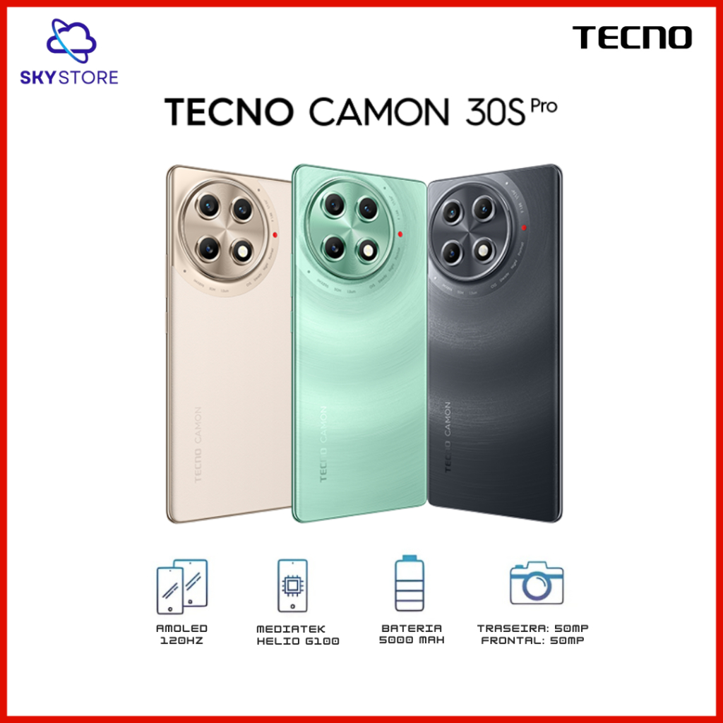 Tecno Camon 30S PRO 4G, 256GB/8GB RAM, Processador Mediatek Hélio G100, 50MP Câmera Principal e traseira, Versão Global em Oferta na Shopee