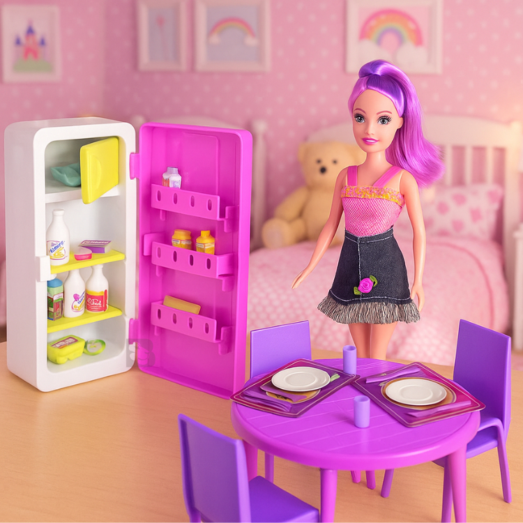 Kit Cozinha Infantil Completo com Boneca Rosa! Modelo Armário ou Geladeira Brinquedo Menina Casinha