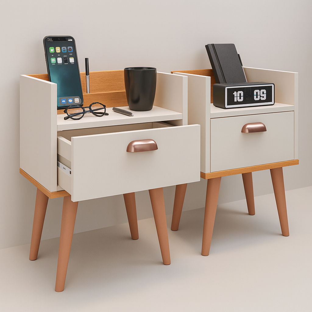 Kit com 2 Mesa de Cabeceira Criado-Mudo Compacto Milena com Gaveta Moderna Madeira MDF