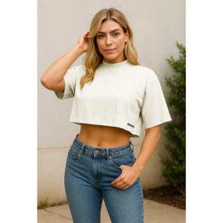 Blusinha Cropped Oversized Soltinho com gola alta e manga 3/4 em Algodão 100% - Malha Grossa em Oferta na Shopee