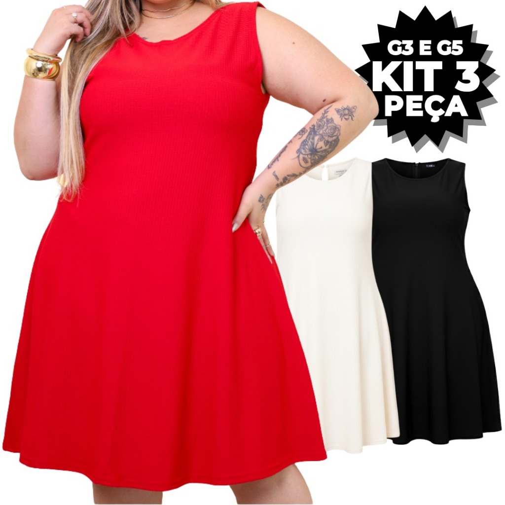 Kit 3 ou 1 Peça Vestido Plus Size G3 e G5 Malha Canelada Trabalhada