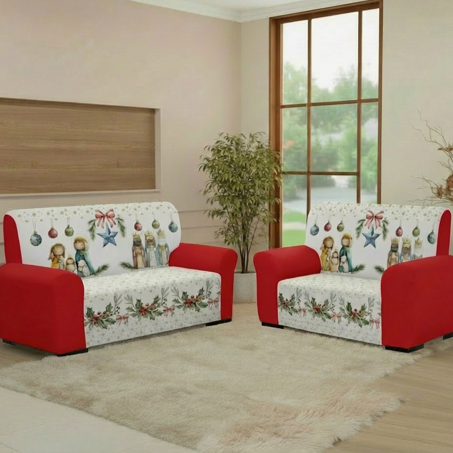 Capa de Sofá 3 e 2 Lugares Coladinha Natal Estampada Exclusiva Proteção e Beleza