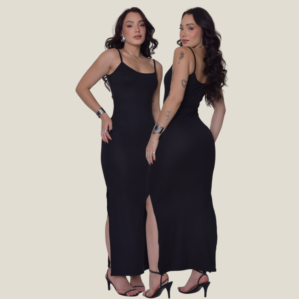 Vestido Canelado Longo com Fenda Lateral de Alcinha Varias Cores em Oferta na Shopee