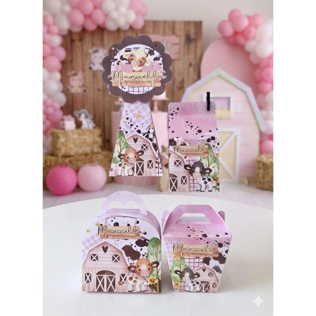 Kit Caixinhas Personalizadas Fazendinha Rosa Menina Lembrancinha Surpresa De Aniversário Pegue e Monte