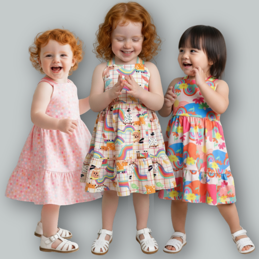 Kit 3 Vestidinhos Infantis Feminino Estampado Colorido Menina Bebê Alcinha Malha Rodado Leve