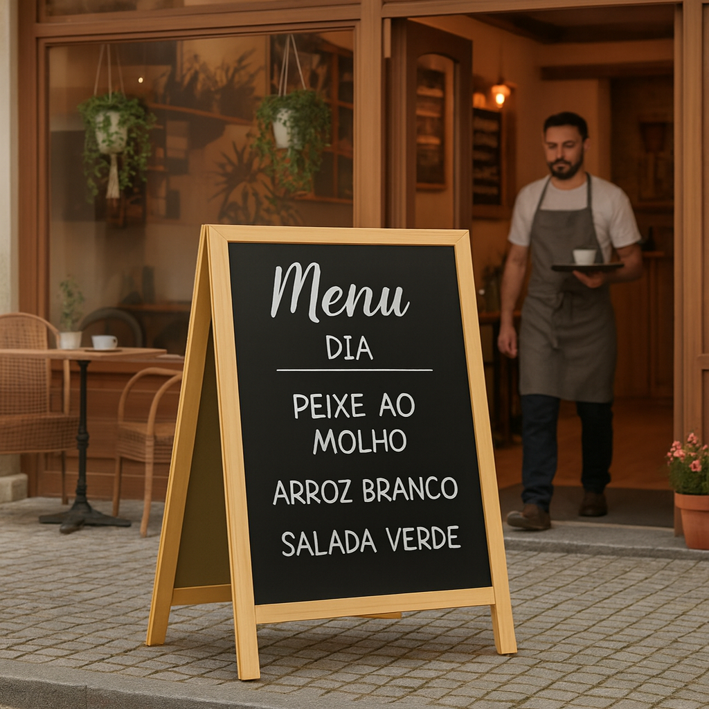 Tabuleta Lousa Cavalete de Calçada Duplo Madeira Pinus Natural  Para Propaganda Café Menu