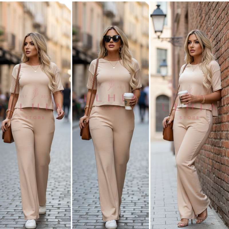 Conjunto Feminino Elegante Moletinho Blusa Mullet e Calça Pantalona Cintura Alta com Bolso Casual