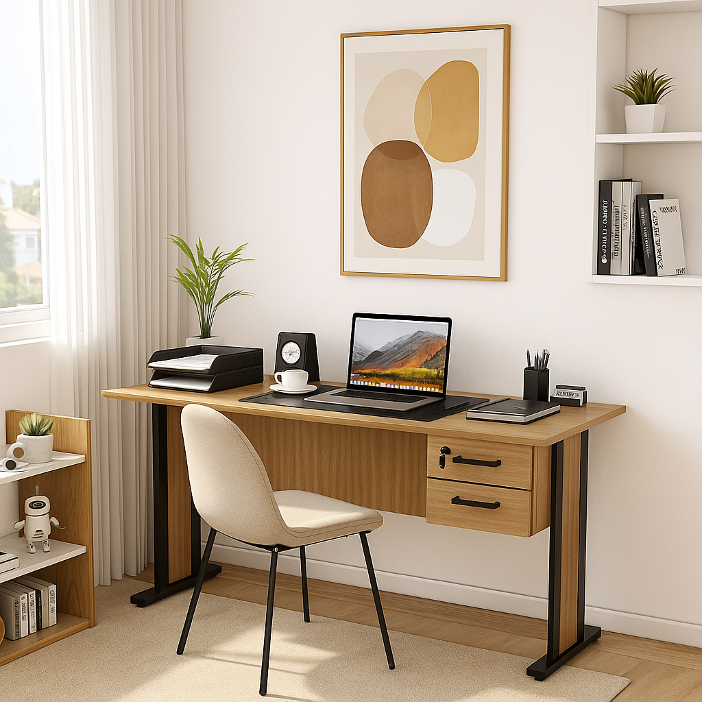 Mesa Escrivaninha Lisboa 160cm com 2 Gavetas para Escritório Estudos Home Office Amêndoa Moderna