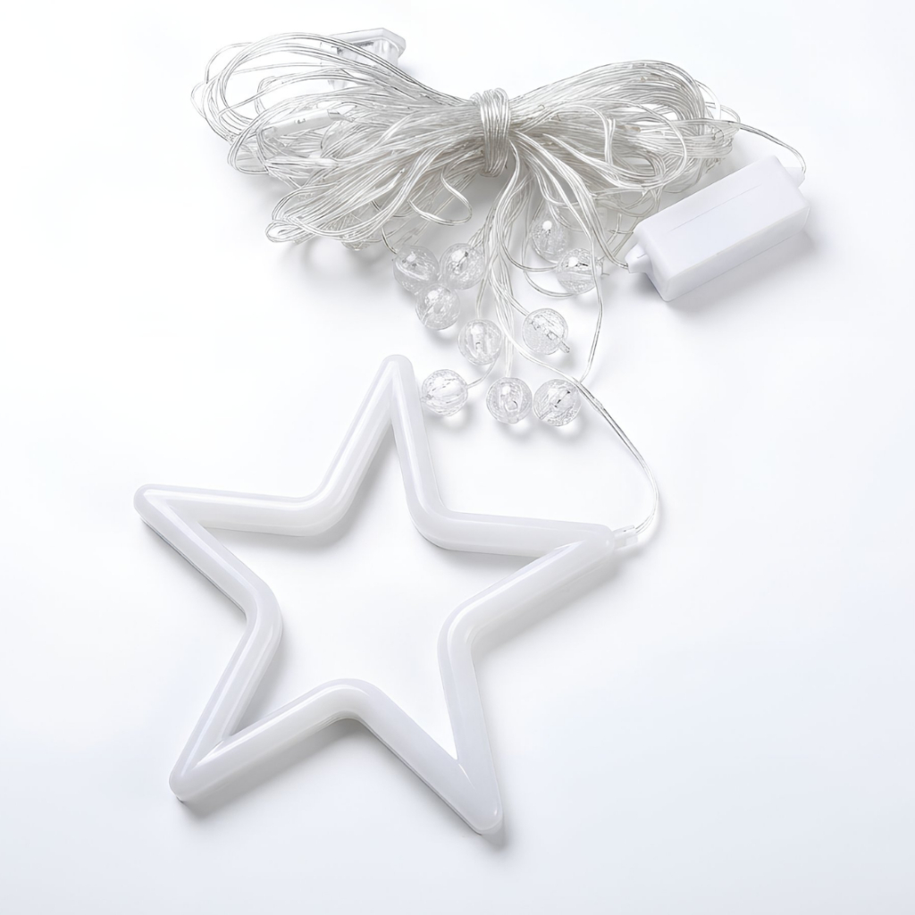 Cascata De Led 3m Decorada Estrela E Bolinhas Luz Amarela Para Eventos Festa Natal Vitrine Bivolt