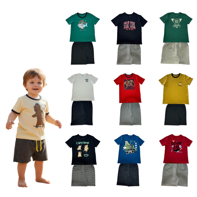 Conjunto Sortido 2 Peças de Roupas Infantil Bebê Menino (1 Camiseta + 1 Bermuda) 1 Conjunto Sortido