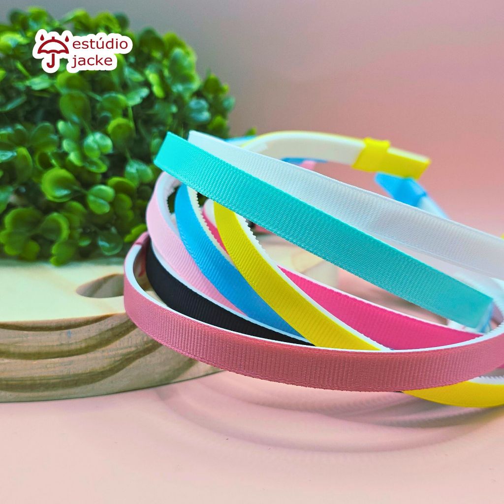 Tiara com dente 10mm revestida em Gorgurão - 3 unidades - Cor: Amarelo, Azul Bebê, Branco, Lilás, Pink, Preto e mais...