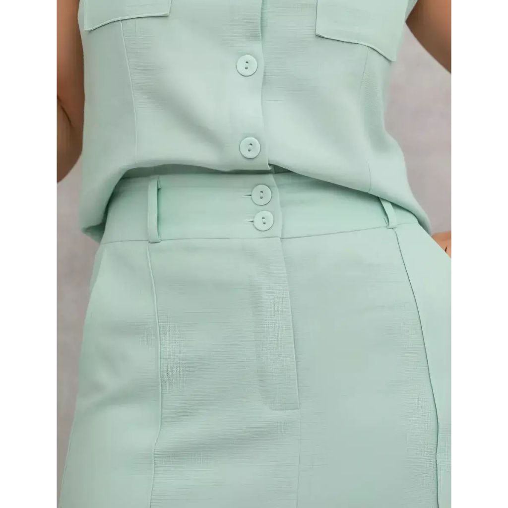 Conjunto Linho/viscose Blusa Com Botões Saia Midi Madelei