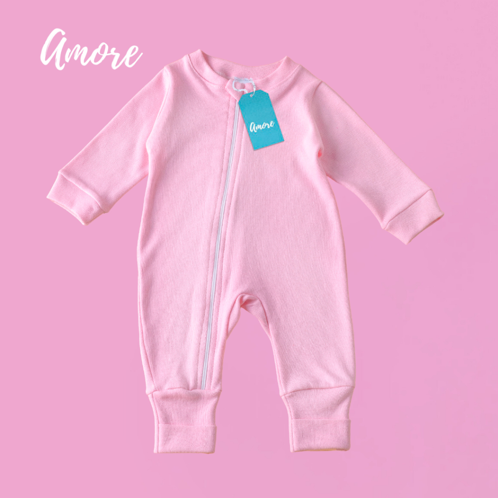 Roupa de Bebê Macacão Amore Vira Pé Rosa com Zíper Menina 100% Algodão