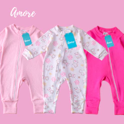 3 Macacão para Bebê Amore Vira Pé com Zíper Menina Liso e Estampado 100% Algodão