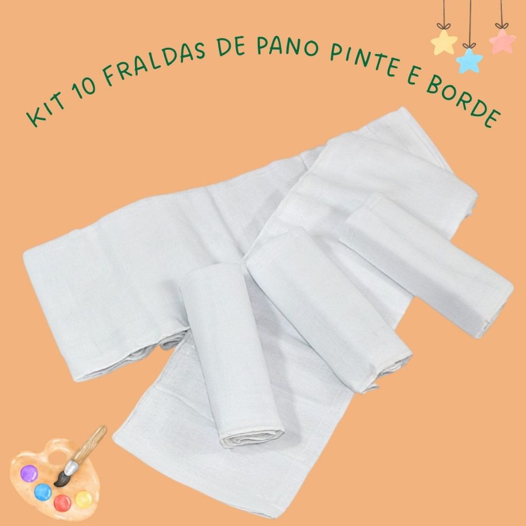 Pacote com 10 Fraldas de Pano Lisa 70x70cm Para Bordar ou Pintar, Artesanato em Geral Enxoval Bebês