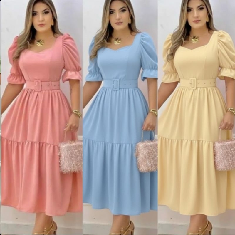 Vestido Midi, com cinto forrado, moda princesa em Oferta na Shopee