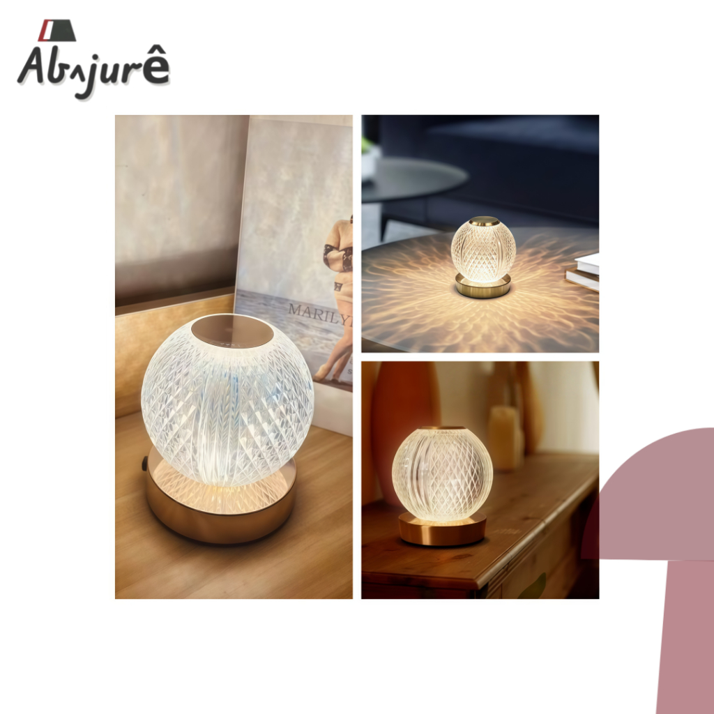 Luminária Abajur de Mesa Lâmpada Quarto Luxuosa Recarregavel Acrílico Cristal Bola 3 Tons de Led