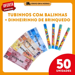 Kit 50 Tubinhos com Balinha Frutitos + Dinheirinho de Brinquedo – Lembrancinha para Festa Infantil, Aniversário e Brinde em Oferta na Shopee