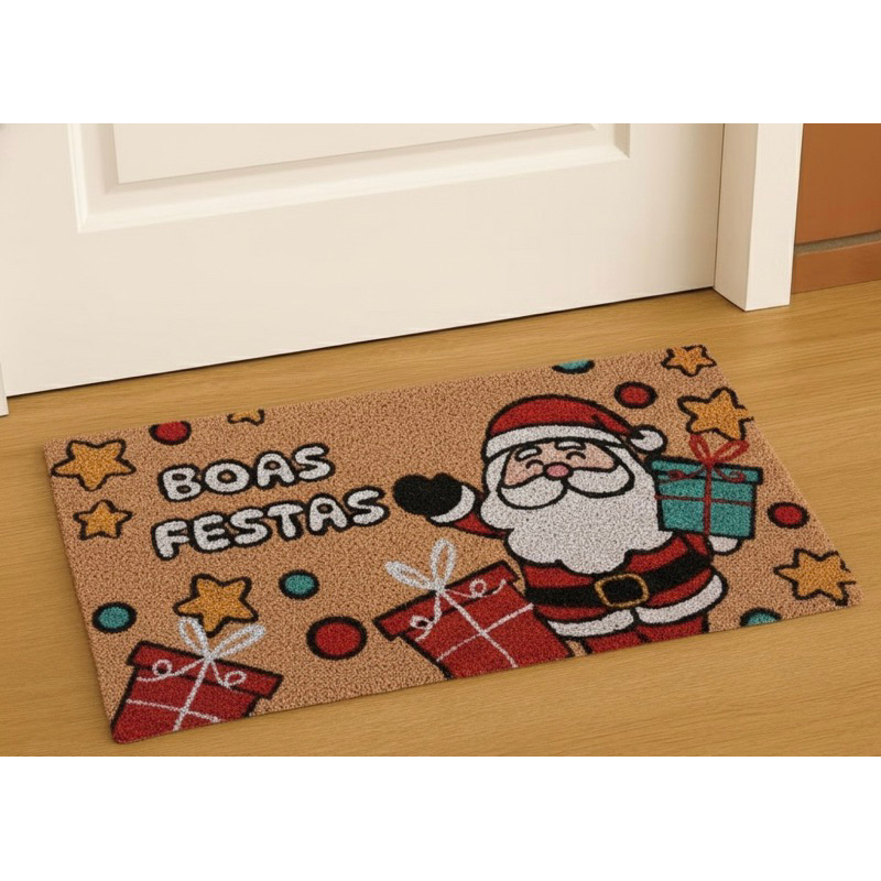 Capacho de Natal Fibra de Coco Antiderrapante Tapete Decorativo para Entrada da Casa