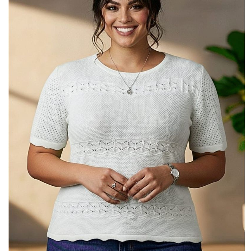 Blusa Feminina Estilosa Plus Size Tricot Trabalhada Manga Curta Roupa Feminina Elegante Verão