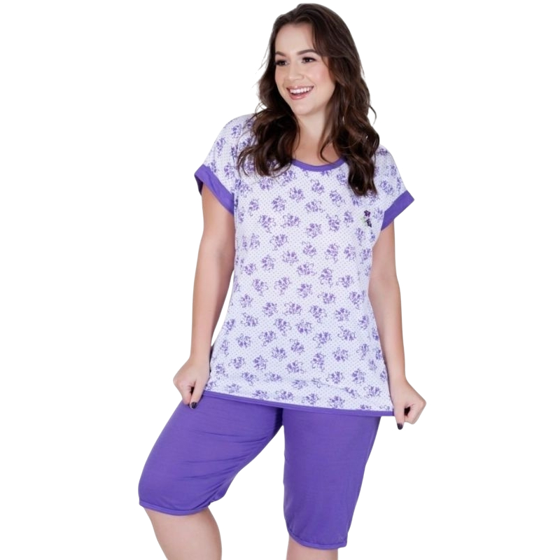 Pijama Feminino Pescador Senhora Manga Curta Bermuda Dia a Dia