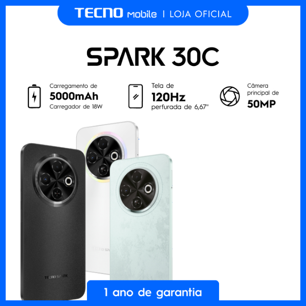 Tecno Spark 30C 4G 128/256GB e 4/8GB RAM, Câmera 50MP, Processador Mediatek Hélio G81,, Bateria 5000mAh, Versão Global em Oferta na Shopee