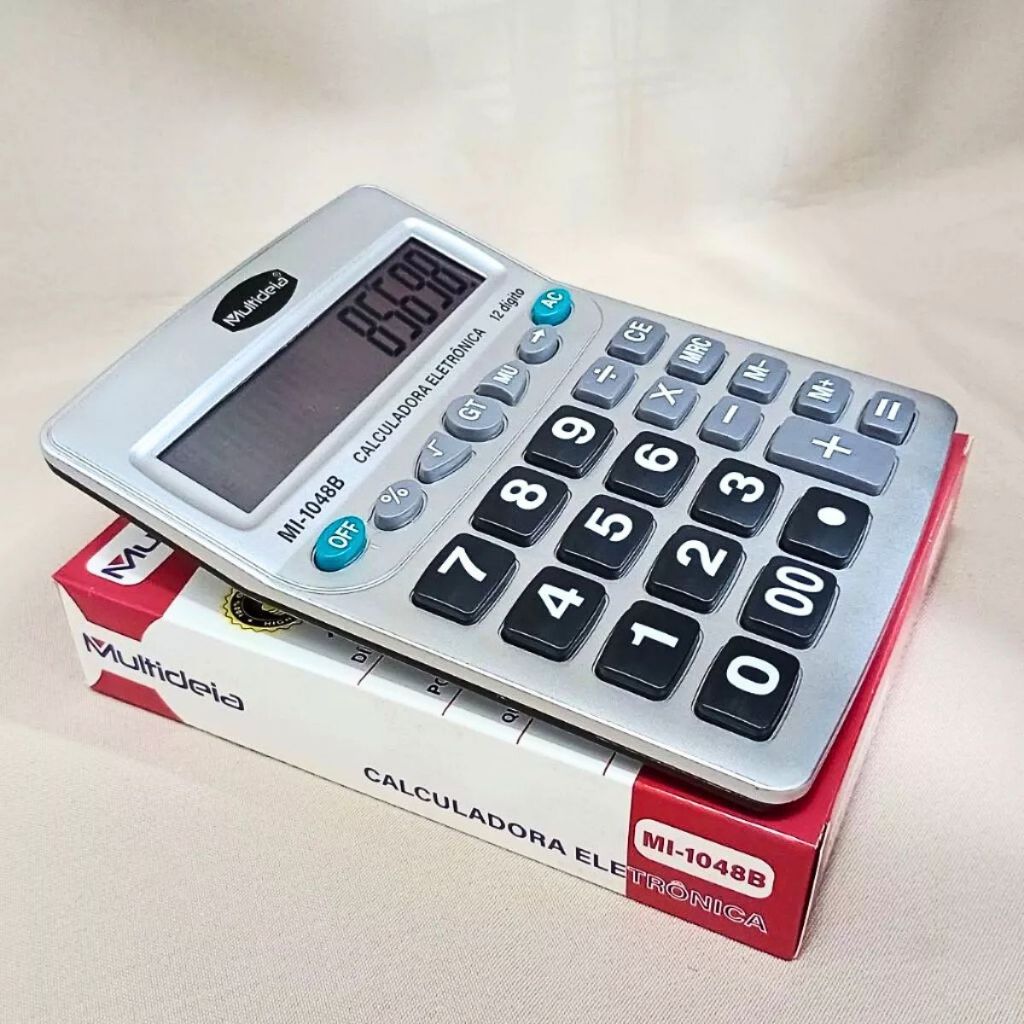 Calculadora Eletrônica Grande 12 dígitos MI 1048B Números Grandes Prata á Pilha