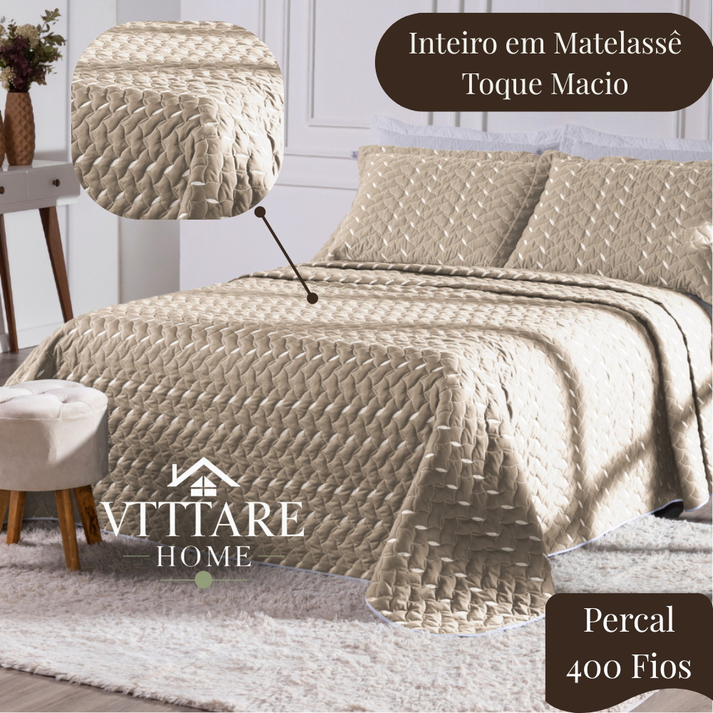 Kit Cobre Leito Colcha Coleção Hector Bordado Matelassê Percal 400 Fios 03 Peças Solteiro, Casal, Queen e King
