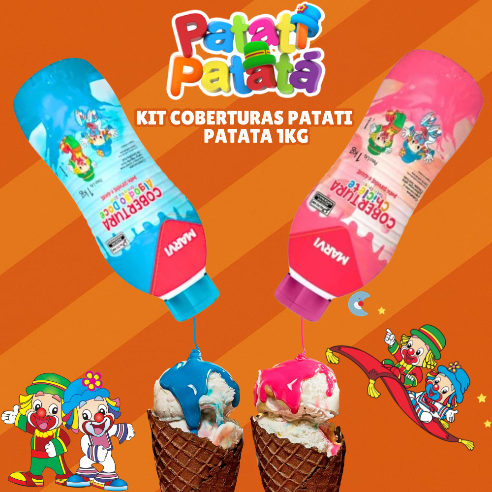 Coberturas Líquidas Marvi 1kg – Kit Patati Patata Sabores Algodão Doce e Chiclete 1kg