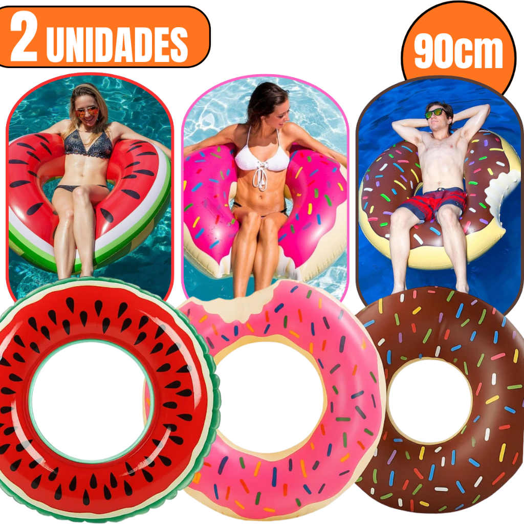 Kit 2 Boias Donuts Melancia Rosquinha Flamingo Piscina Inflável Criança Adulto Grande 90 C...