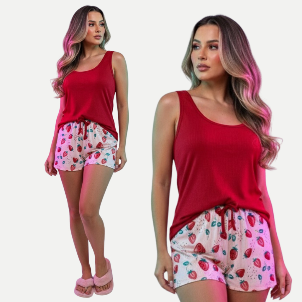Pijama Feminino Regata + Short Estampado  – Conjunto Conforto Verão