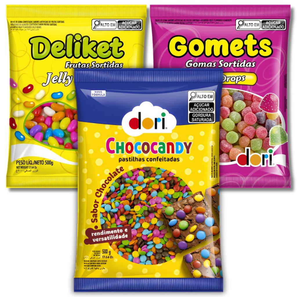 Kit Doces Balas De Gomas 500g + Jujubas Deliket 500g + Chococandy Pastilhas Chocolate 500g