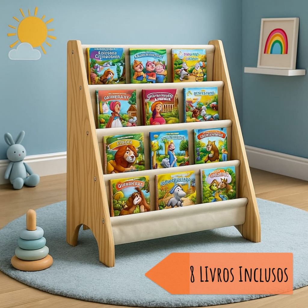Estante para Livros Infantil Montessoriana - Rack Livreiro de Tecido e Madeira Natural com 8 Livros em Oferta na Shopee