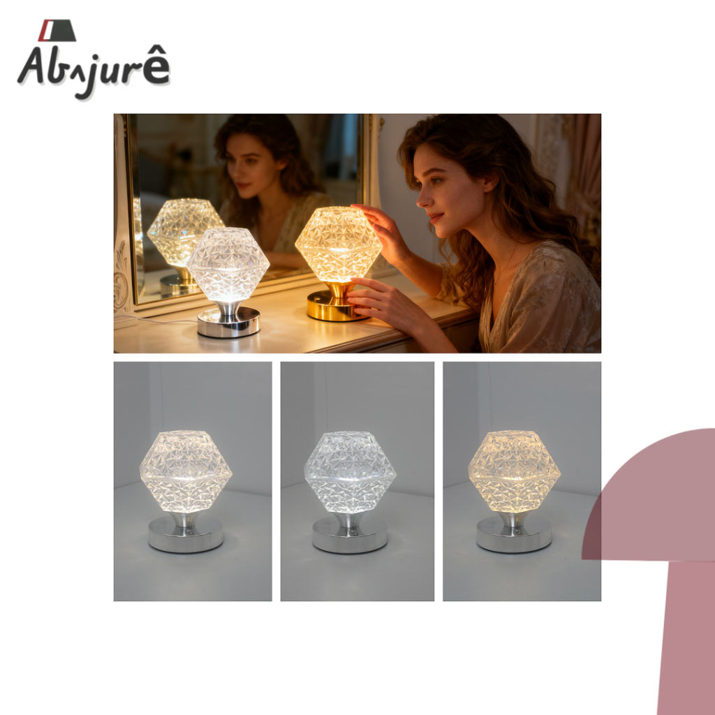 Luminária Abajur de Mesa Lâmpada Quarto Luxuosa Recarregavel Acrílico Cristal Diamante 3 Tons de Led