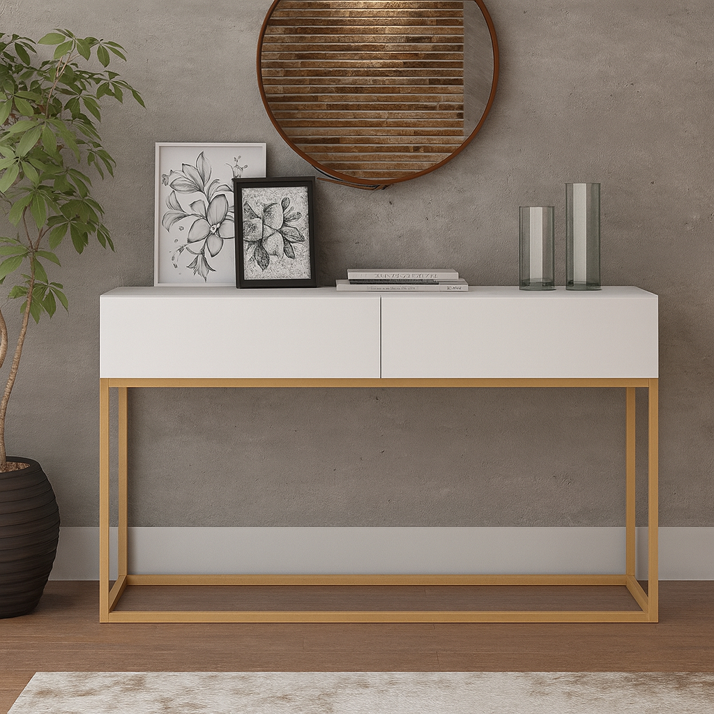 Aparador Buffet Para Sala Cozinha 2 Gavetas Eros 90cm ou 110cm Estilo Industrial Pé Ferro Dourado em Oferta na Shopee