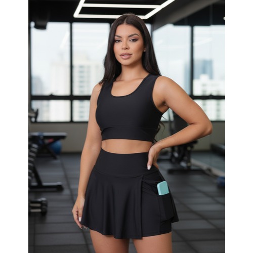 Conjunto Short Saia com Bolso Duplo e Top Fitness Academia Crossfit