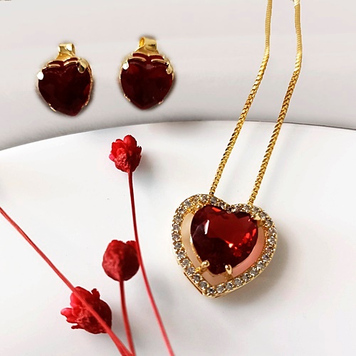 Conjunto Coração Vermelho Colar + Brinco Dourado Pedra Premium  Semijoia Luxo Feminina