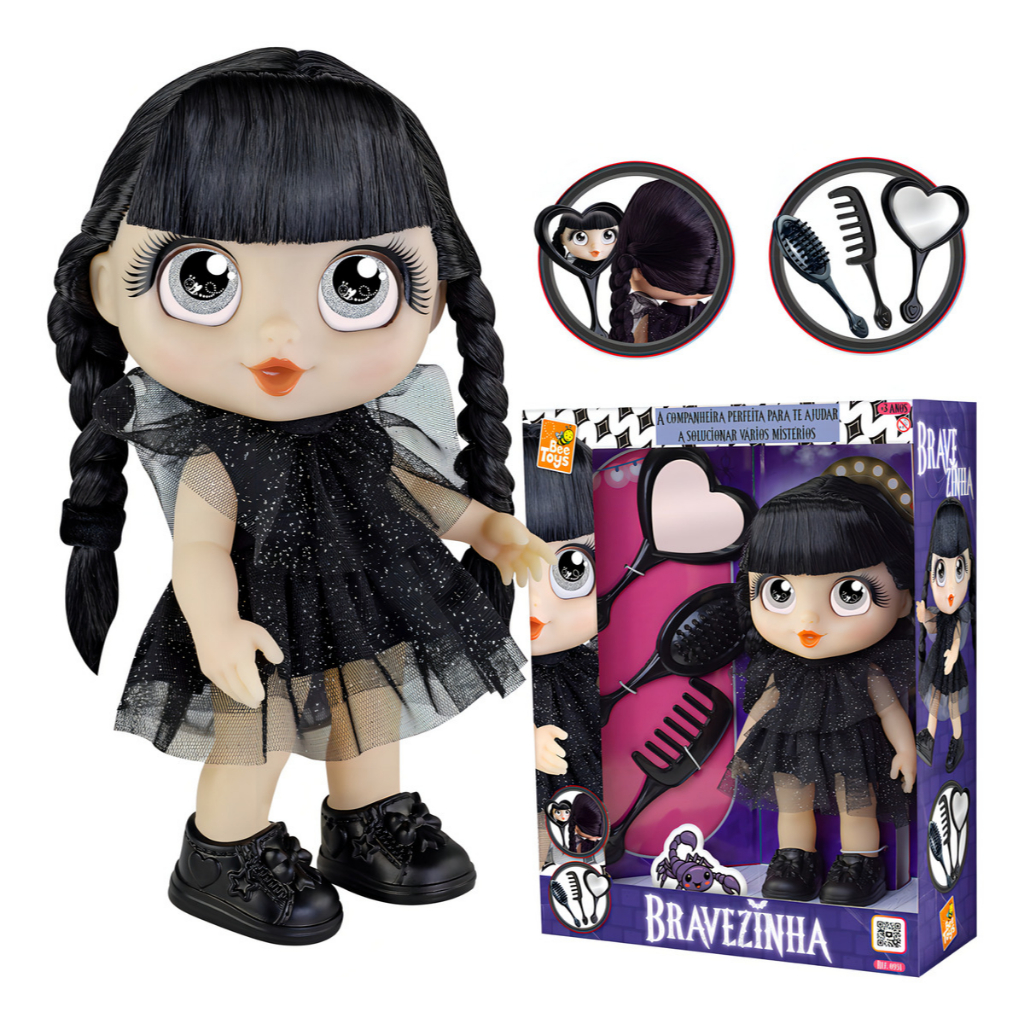 Boneca Bravezinha Em Vinil Com Acessórios Pente Escova e Espelho Wandinha