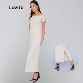 Lovito Vestido Bege Longo Social Manga Curta Casual Liso Feminino LB848BRL878 em Oferta na Shopee