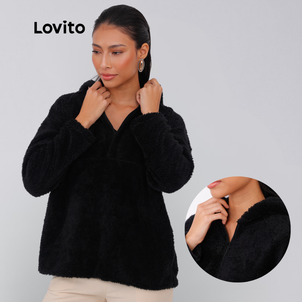 Lovito Jaqueta Pelo Casual Lisa Preta Manga Longa com Zíper para Mulheres LB451BRL480 em Oferta na Shopee