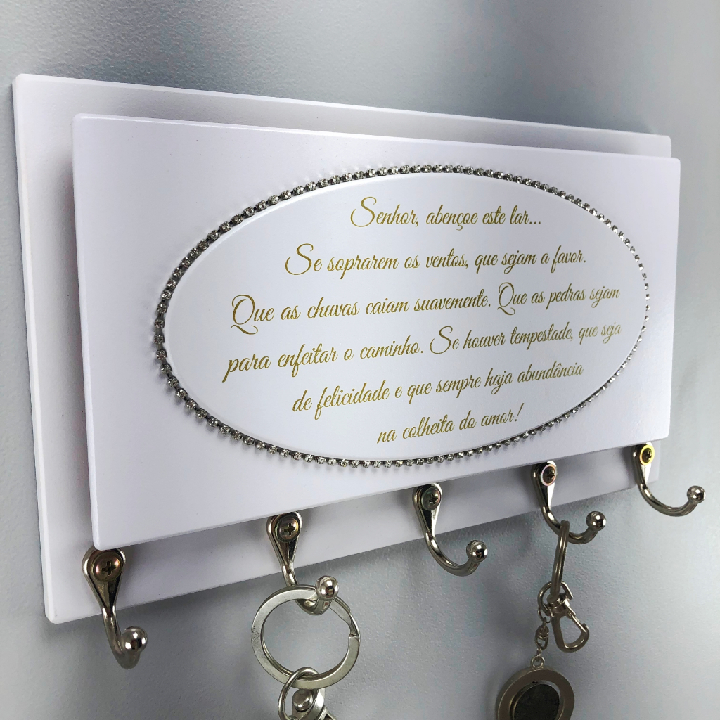 Porta Chaves Madeira de Parede Decorativo Moderno Luxo Strass Frase Oração do Lar Proteção Casa Deus
