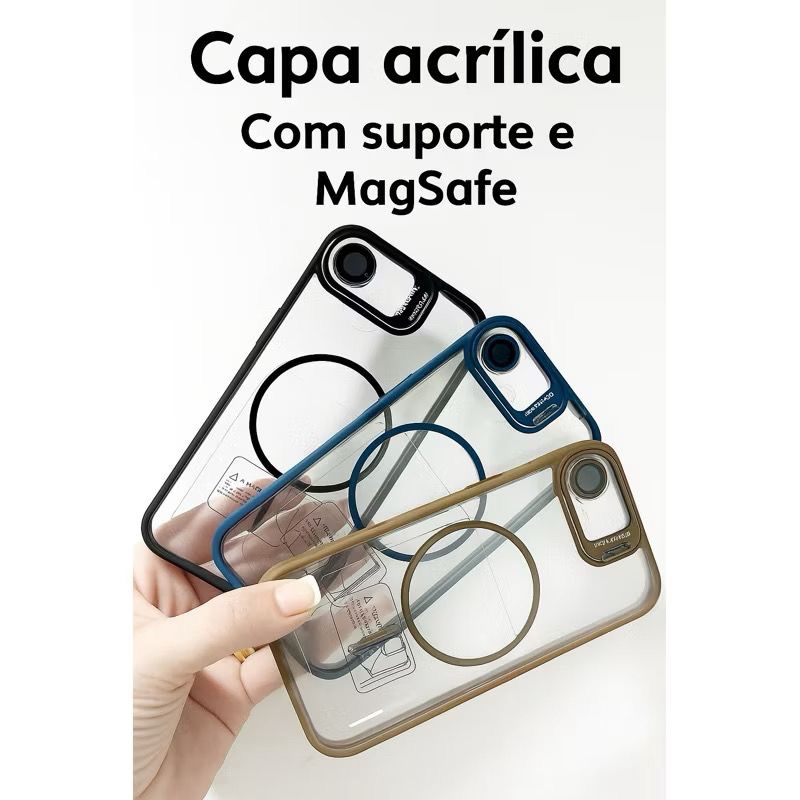 Capa Magnética Transparente Anti Impacto para iPhone Com Suporte Iphone 16E/16 Promax/15 Promax