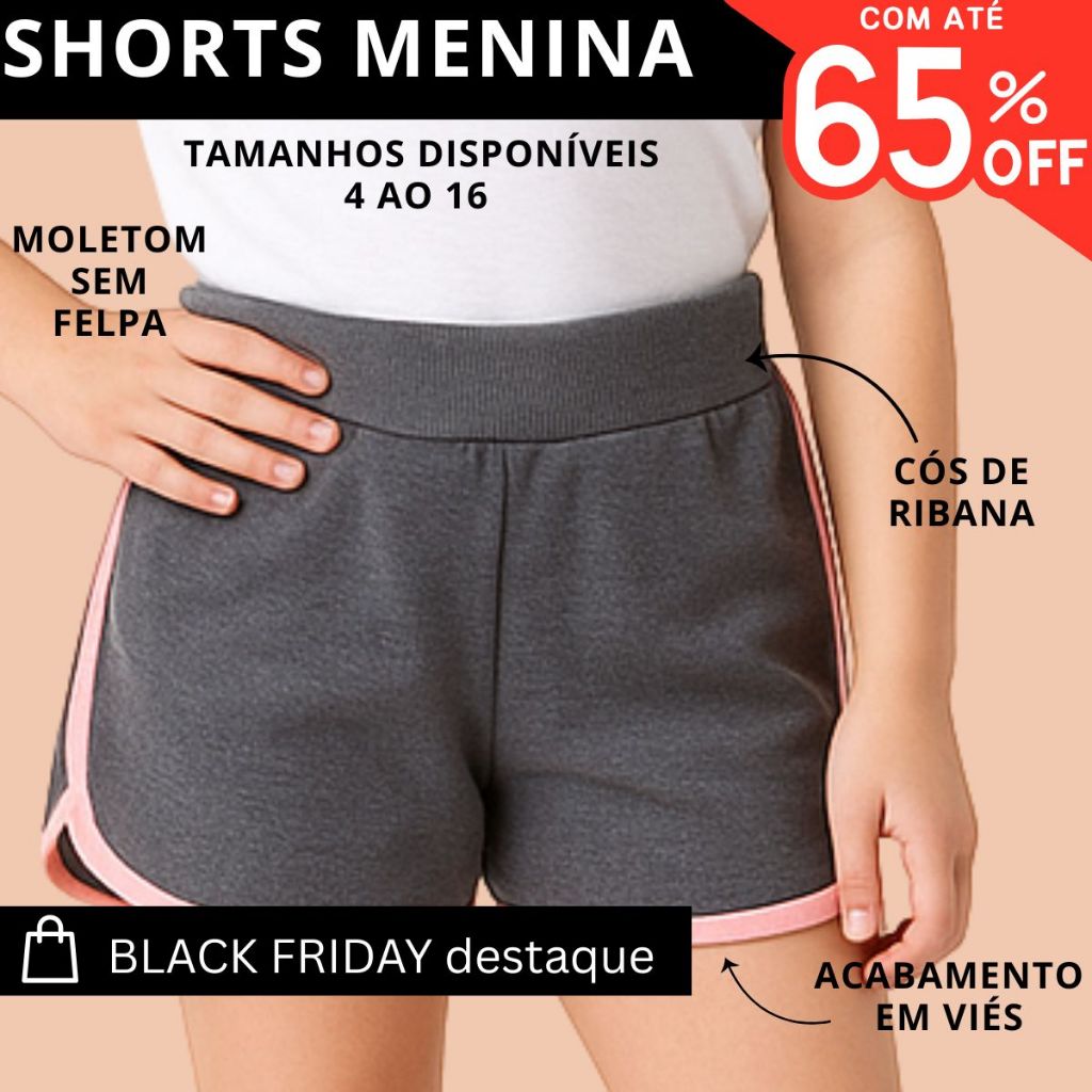 Shorts Moletom Infantil Juvenil Menina com Filete 3322-A