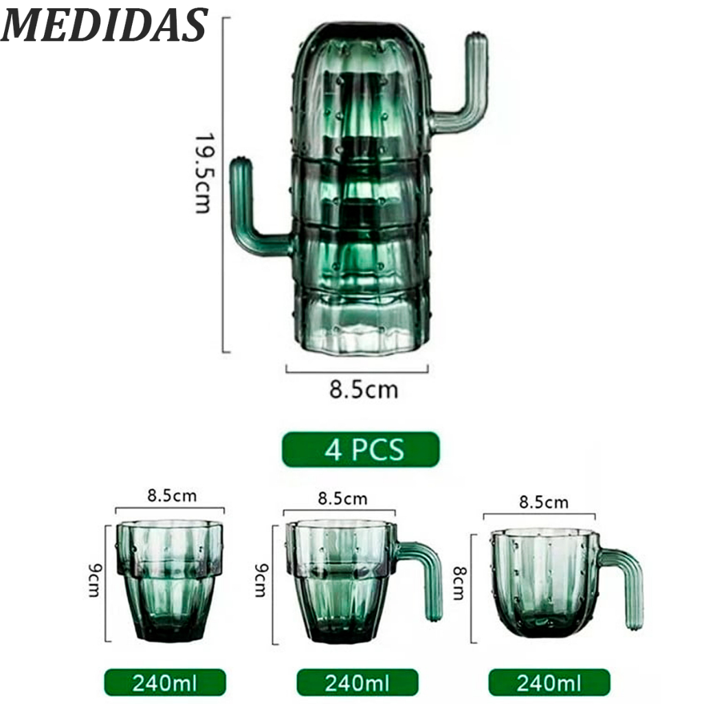 Kit Jogo 04 Copos Cactus 240 ml Vidro Verde Elegancia e Desing para sua Casa, decoração para Mesa