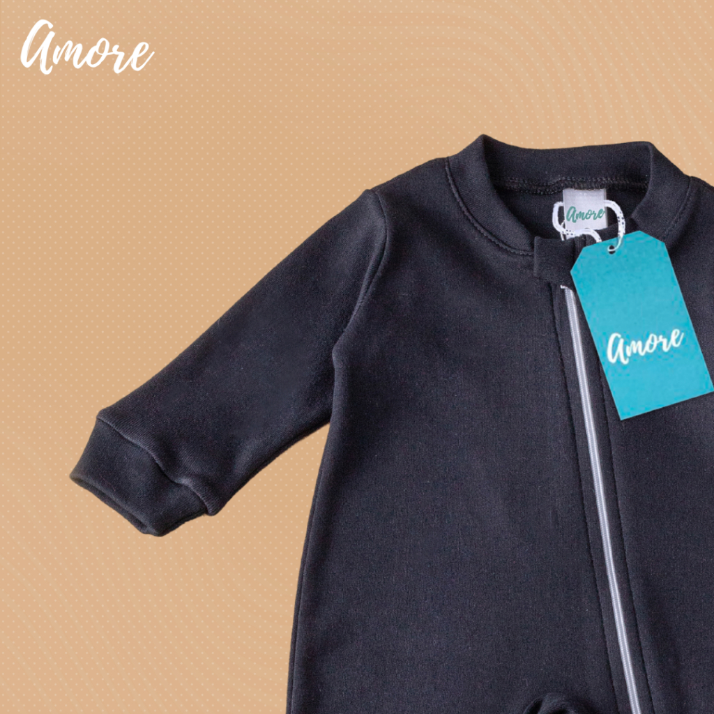 Macacão de Bebê Vira Pé Preto - Suedine 100% Algodão