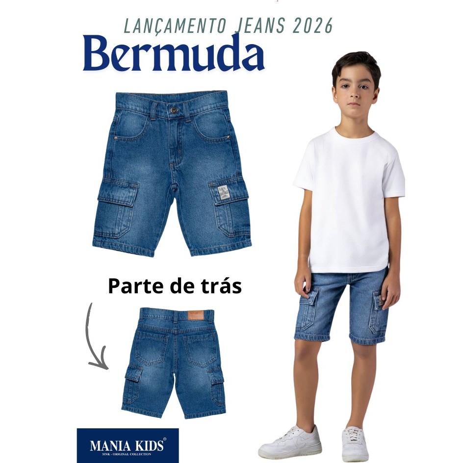 Bermuda jeans cargo infantil menino Mania Kids,look para meninos,moda infantil masculina,verão 2026.