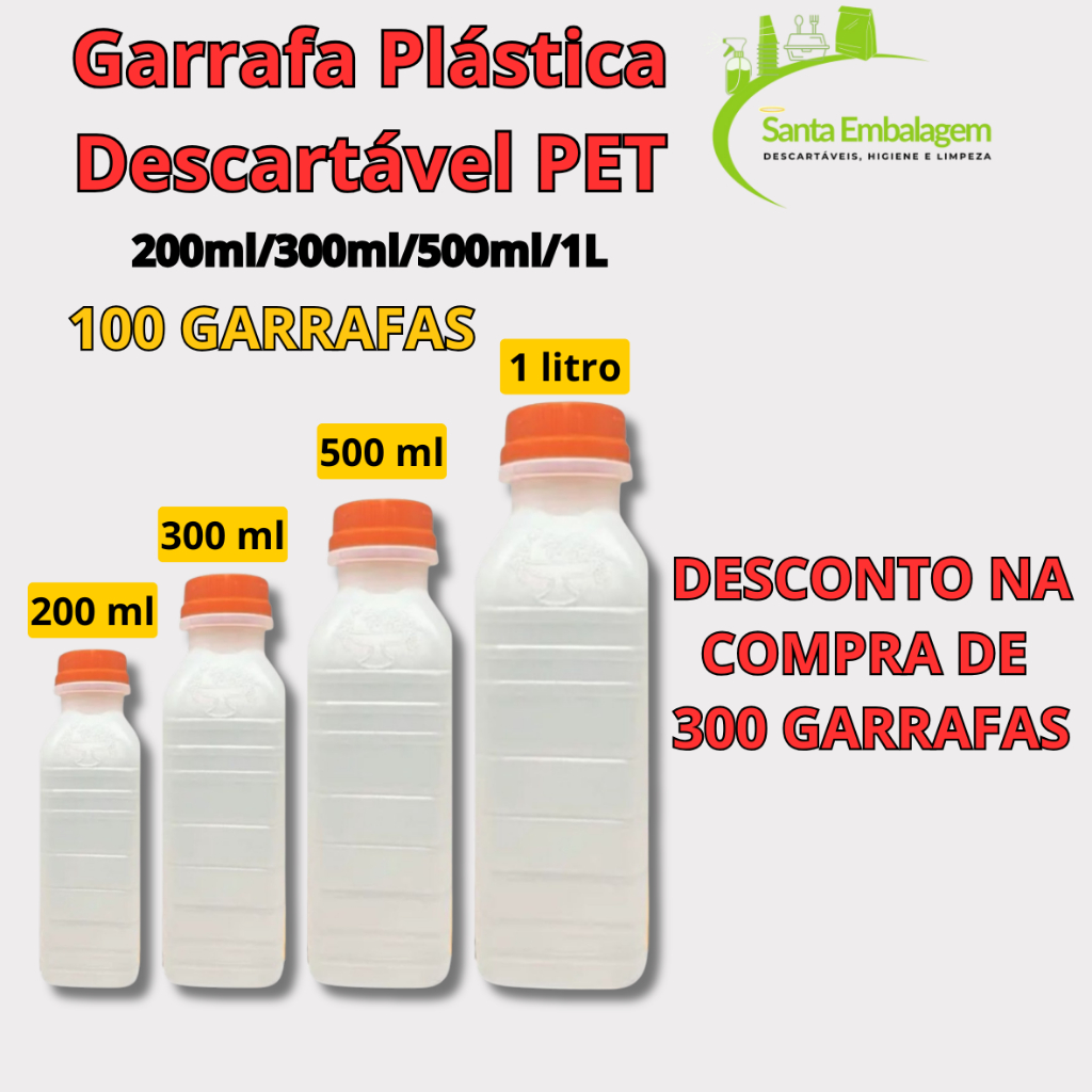 Garrafa Plástica PE – 200ml/300ml/500ml/1L - 100 UNIDADES em Oferta na Shopee